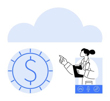 Finansal tasarruf ikonu olan bulut tabanlı bir platformda doktor danışmanlığı. Dijital sağlık, maliyet tasarrufu, tele sağlık, mali yönetim, uzaktan erişim, yenilik, düz metafor için ideal