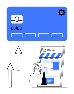 Sanal kartın yanında alışveriş arabası ve çantalar sergilenen akıllı telefon mağazası. Oklar büyümeyi, e-ticareti, çevrimiçi alışverişi ve dijital ödeme yeniliğini temsil ediyor. Ticaret için ideal.