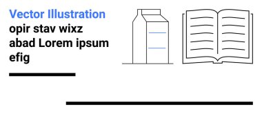 Sayfalar ve süt kartonlu açık bir kitap. Mekan tutucu metni ve temiz minimum tasarım ile çevrili. Eğitim, okuma, yemek, minimalizm, planlar, şablonlar, basit iniş sayfası için ideal