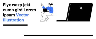 Yukarı doğru hareket ederken dizüstü bilgisayar kullanan kişi, yanında büyük dizüstü bilgisayar elemanı ve yer tutucu metin. Teknoloji, iletişim, eğitim, uzaktan çalışma, sunumlar, web siteleri için ideal