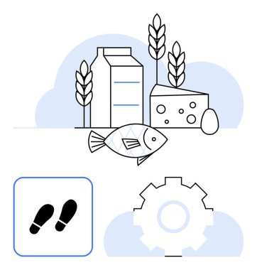 Süt kutusu, peynir, balık, tahıl ve yumurta yanında da vites ve ayak izi ikonu. Sürdürülebilirlik, gıda kaynakları, çevre dostu uygulamalar, tarım yenilenebilir enerji üretim verimliliği için ideal