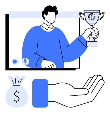 Video ekranında bir kupa tutan kişi tanınmayı simgeler. Aşağıda, bir para çantası ve uzanmış bir el destek, ödül ve cesaretlendirmeyi temsil ediyor. Takım çalışması ve başarı için ideal