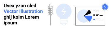 Dolar ikonlu buğday patlaması, parlayan ampul ve analiz grafiği sürdürülebilirlik, yenilik, temiz enerji, finansal büyüme, ekolojik çözümler, veri odaklı kararlar ve basit iniş noktalarını temsil etmektedir.