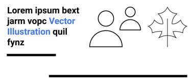 İki basit insan figürü, bir yaprak taslağı, yatay çubuklar ve yer tutucu metin. Takım çalışması, doğa, minimalizm, modern tasarım, basit iniş sayfası için ideal