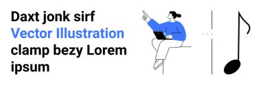 Dizüstü bilgisayarı olan bir kadın. Minimalist tasarım üzerine bir notayla eşleştirilmiş. Eğitim, yaratıcılık, müzik, teknoloji, modern sanat, iletişim, basit iniş sayfası için ideal