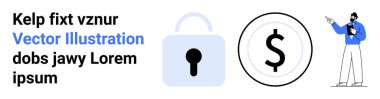 Cesur bir dolar işareti ve tabletini gösteren kendine güvenen bir adamın yanına kilitle. Finans, güvenlik, dijital ödeme, danışmanlık, e-ticaret, sunumlar, basit iniş sayfası için ideal