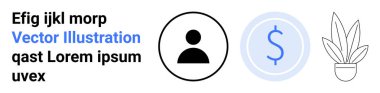 Siyah kullanıcı profili ikonu, mavi yuvarlak dolar işareti ve basit çizgili saksı bitkisi. Finans, iş, kişisel hesap, tasarruf, yatırım, minimal tasarım düz iniş sayfası için ideal