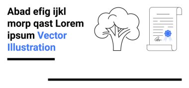 Ağaç illüstrasyonunda mühür ve imzayla birlikte ekoloji, sertifika, sürdürülebilirlik, yasal sözleşmeler, onaylama, çevre ve doğrulanmış içeriğin vurgulandığı resmi belge de yer alıyor. İdeal