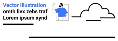 Kalın bir işaret, kalın bir tipografi, geometrik çizgiler ve bir bulut simgesi taşıyan bir kişinin soyut kompozisyonu. Yaratıcılık, minimalizm, tasarım, eğitim, teknoloji pazarlaması için ideal