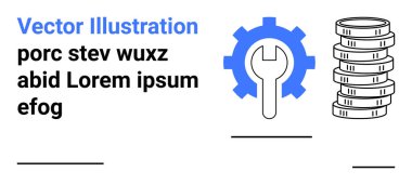 Bozuk para yığınının yanında İngiliz anahtarı sembolü olan mavi dişli araç gereç, tamir ve mali bütçeyi simgeliyor. İş, ekonomi, onarım hizmetleri, teknoloji, mekanik ve planlama için ideal