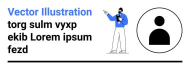 Profesyonel iş adamı kendinden emin duruyor ve minimalist bir profil ikonunun yanında el kol hareketi yapıyor. İş danışmanlığı, sunumlar, liderlik, takım yönetimi ve eğitim için ideal
