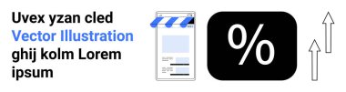 Tenteli, kalın yüzdeli ve yukarı doğru oklu vitrin büyümeyi, indirimi ya da kar artışını gösteriyor. Pazarlama, satış, iş, e-ticaret için ideal finansal büyüme sade bir iniş