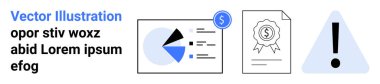 Finansal ikona sahip pasta tablosu, sertifika damgalı belge ve uyarı üçgeni finansal verileri, tanımayı ve ihtiyatı vurguluyor. Analiz, raporlar, risk ve mali uyum için ideal