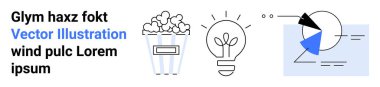 Popcorn bucket, illuminated light bulb, and analytical chart representing creativity, ideas, innovation, entertainment, analysis, brainstorming and minimal design. Ideal for simple landing page