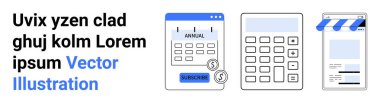 Subscription form, calculator with keys, and storefront card layout. Ideal for finance, e-commerce, subscription services, budgeting, retail, accounting and simple landing page