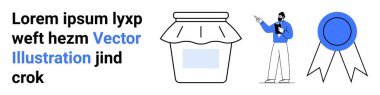Text block, jar with cloth lid, person presenting with pointer, blue award ribbon. Ideal for education, branding, achievements, product promotion, tutorials infographics simple landing page
