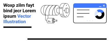 Rotating mechanical part with motor schematic next to browser window displaying analytics chart. Text elements for context. Ideal for tech, engineering, mechanics, data analysis, automation