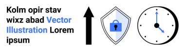 Upward arrow, shield with lock, and clock symbolizing cybersecurity, efficiency, growth, time management. Ideal for technology, security, productivity efficiency innovation data safety flat