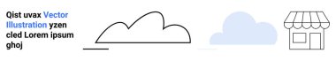 Cloud shapes in bold and soft tones next to storefront icon and placeholder text. Ideal for weather, retail, e-commerce, business, branding, web design, education, simple landing page