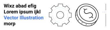 Gear and coin outline images symbolizing financial strategy, economic balance, industrial process. Ideal for business, finance, technology, startups, investment, digital tools simple landing page