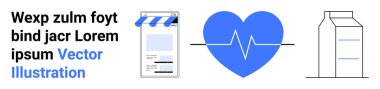 Online storefront with awning, heartbeat with pulse line inside heart, and milk carton. Ideal for healthcare, e-commerce, nutrition, wellness, medical apps, fitness simple landing page