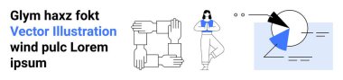 Interlocking hands symbolize unity, woman standing confidently, geometric chart for statistics and strategy. Ideal for teamwork, leadership, unity, analytics, corporate ethos, collaboration
