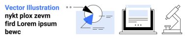 Pie chart and graph visualization, desktop display with website content, scientific microscope setup. Ideal for analytics, technology, education, research, science, innovation simple landing page