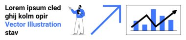 Businessperson pointing to growth trends, upward arrow and bar chart. Ideal for business analysis, success, leadership, growth strategy, market trends, presentations, simple landing page