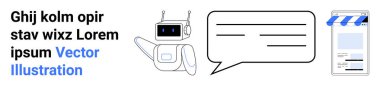 Robot presenting message in speech bubble, mobile app design element, digital communication. Ideal for customer support, chatbot services, AI interaction, online tools, virtual assistant, e-commerce