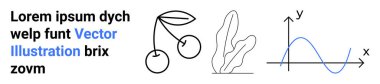 Minimal black-outline cherry pair, abstract leaf shapes, line graph with sinusoidal curve and coordinate axes. Ideal for learning, art, nature, science, education, technology simple landing page