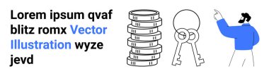 Stacked coins, two keys, and a man pointing suggest financial growth, security, investment, ownership, decision-making, property access and empowerment. Ideal for marketing finance investment