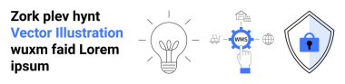 Lightbulb symbol for ideas, gear for warehouse automation, and shield for cybersecurity. Ideal for innovation, technology, data management, smart solutions, safety, creativity and flat landing page
