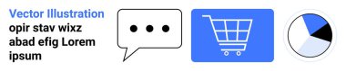 Shopping cart, speech bubble, and pie chart aligned horizontally. Symbols convey concepts of commerce, dialogue, and data insights. Ideal for business, analytics, e-commerce teamwork strategy