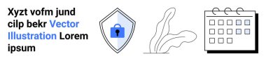 Shield with padlock symbol, decorative abstract plants, and calendar illustration. Ideal for privacy, cybersecurity, organization, schedules, planning, digital safety flat landing page banner