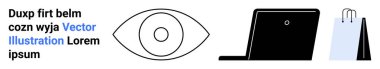 Minimalistic eye symbol, laptop, and shopping bag combined with stylized text elements. Ideal for e-commerce, tech innovation, brand identity, online security, digital marketing, education simple