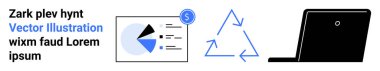 Pie chart with financial data, recycling triangle, and laptop illustrate sustainability, technology, data, business growth, eco solutions, waste management, and simple landing page