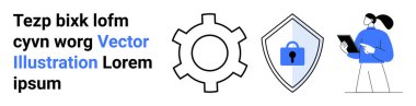 Gearwheel representing technology, shield with lock symbolizing security, and woman analyzing digital data. Ideal for cybersecurity, IT, technology, protection, data analysis, digital tools flat