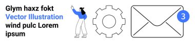 Woman pointing at text, surrounded by a gear for settings and an email icon with a notification badge 3 . Ideal for communication, email, notifications, interaction, automation, teamwork, simple