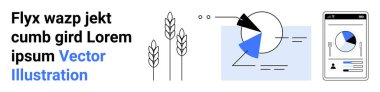 Pie chart and data visualization, wheat plants, and mobile screen for progress tracking. Ideal for agriculture, technology, data analysis, innovation, sustainability, mobile apps simple landing page