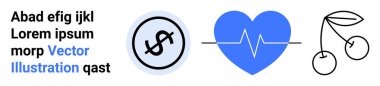 Dollar sign in circle, blue heart with heartbeat line, and cherries connected by stem. Ideal for health, finance, wellness, nutrition, fitness, economy simple landing page