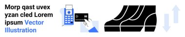 POS terminal processes payment with a credit card, paired with arrows showing growth and black shoe footprints for movement. Ideal for e-commerce, transactions, retail, fintech, progress, user