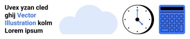 Cloud, clock, and calculator icons paired with textual elements. Ideal for business, tech, time tracking, productivity, cloud computing, digital tools and simple landing page