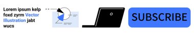 Analytics chart with data points, laptop screen, and bold blue subscribe button. Ideal for marketing, subscription prompts, digital business growth, online learning, communication, user engagement