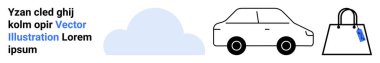Cloud, car, and shopping bag in simple modern design representing travel, weather, shopping, sustainability, commerce, mobility and technology. Ideal for weather apps transport services