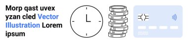 Clock, coin stacks, and contactless card suggest time, savings, and digital payments. Ideal for finance, banking, time management, budgeting investments cashless transactions simple landing page