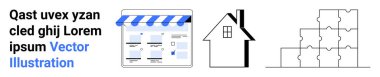 Digital storefront, simple house, and stacked puzzle pieces convey themes of online commerce, real estate, and problem-solving. Ideal for e-commerce, property, creativity, construction planning