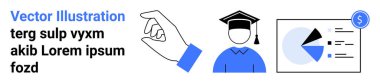 Outlined hand gesture, graduate with cap, pie chart with financial dollar icon presenting education, finance, decision-making, analytics, concepts, career growth. Ideal for education finance