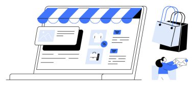 Laptop with storefront awning, product thumbnails, and shopping cart icons. Two shopping bags and person holding box. Ideal for e-commerce, online retail, marketing, consumer behavior, convenience