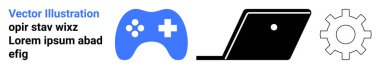 Blue game controller, black laptop, and gear icon combining elements of gaming, technology, and functionality. Ideal for innovation, software apps, digital design, teamwork tech education