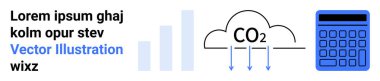 Bar chart next to cloud labeled CO2 with downward arrows and blue calculator. Ideal for sustainability, emissions tracking, data comparisons, carbon footprint, business metrics, environmental